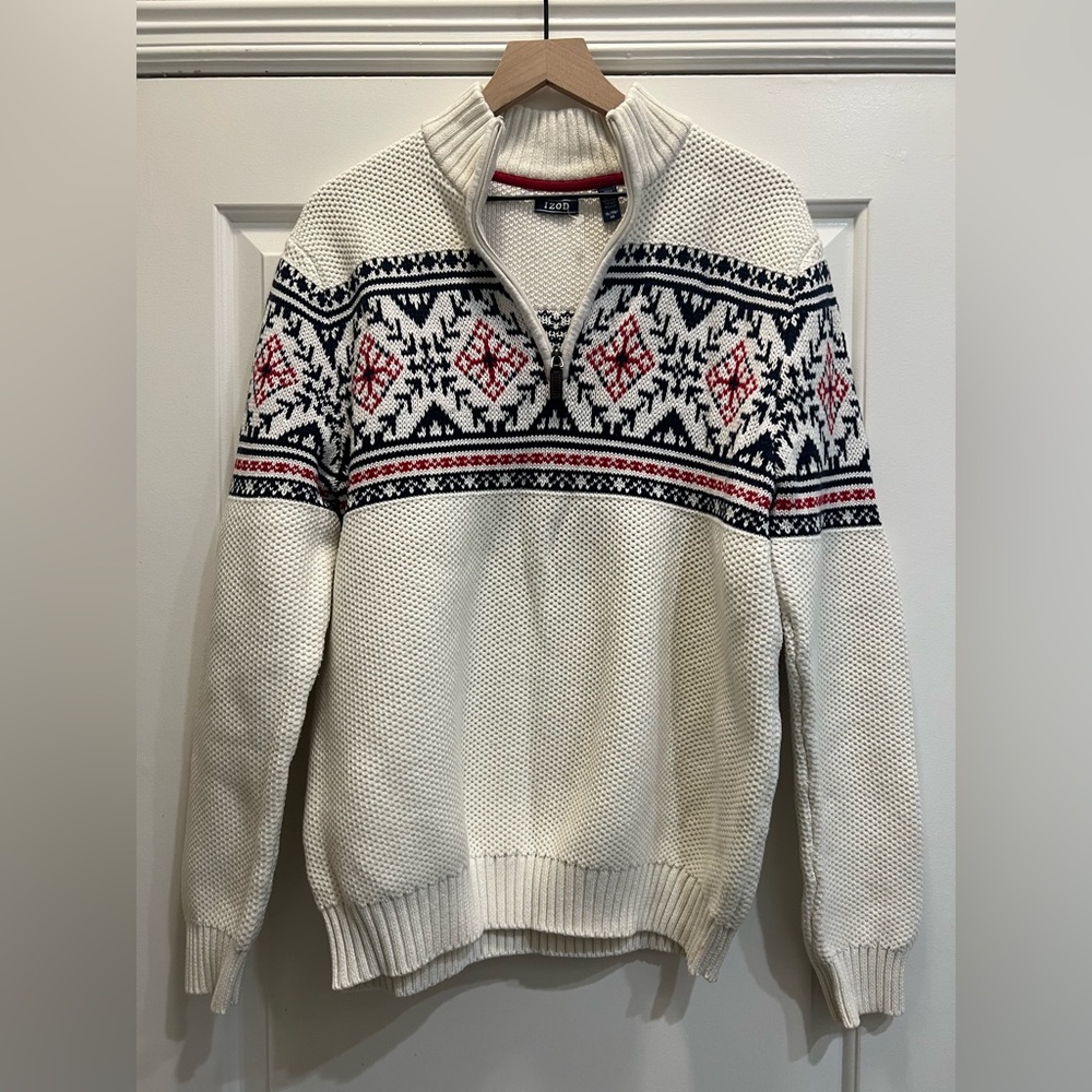 IZOD Men's Zip Up Sweater in White with Red and Blue Accents